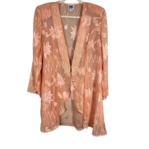 Vintage Floral Sheer Cardigan M Orange Retro Classic Old Money Glam Cottagecore